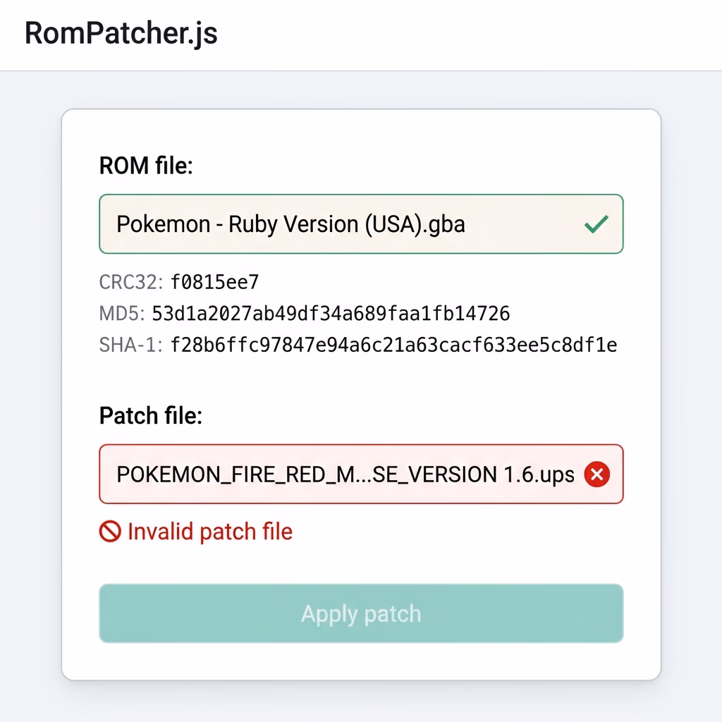 ROM Patcher showing invalid patch. Wrong ROM selected