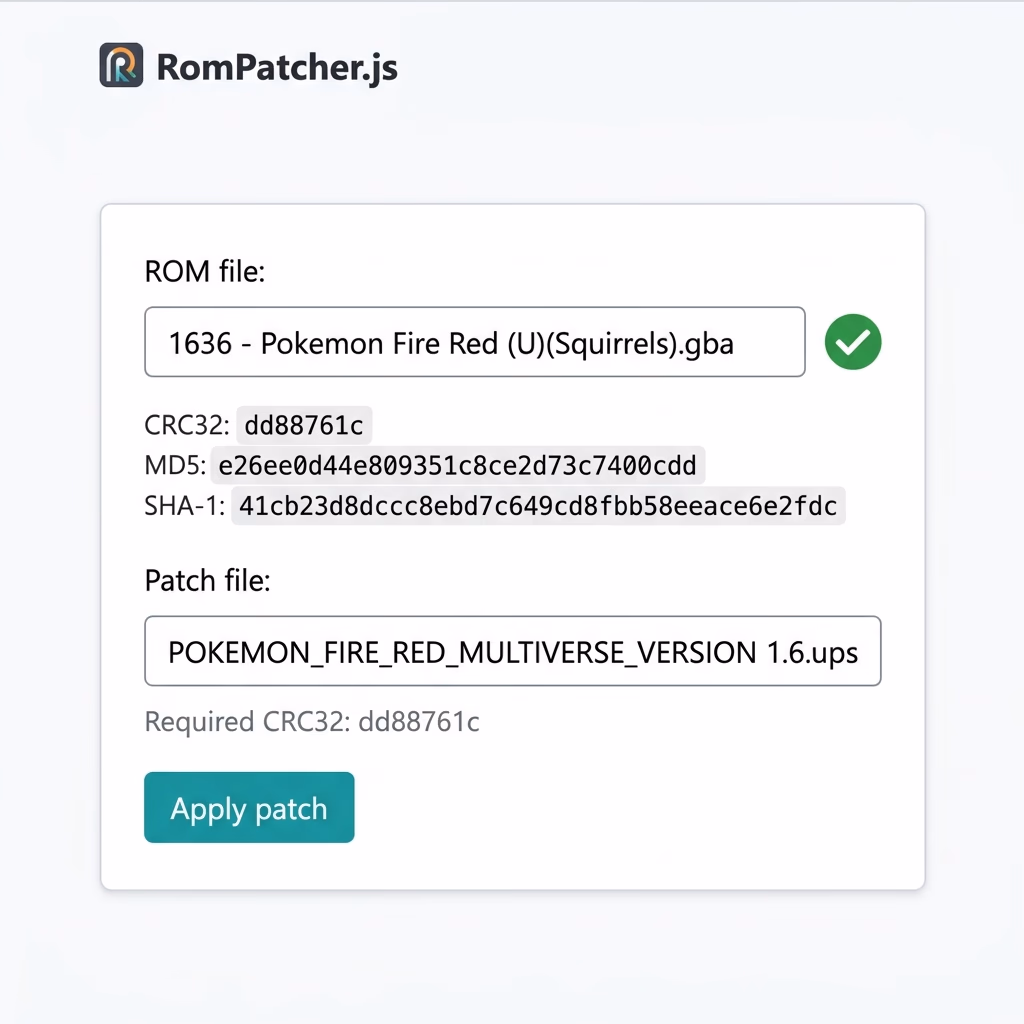 ROM Patcher showing valid patch. Correct ROM selected